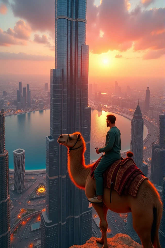Picture of a man on Burj Khalifa with a camel