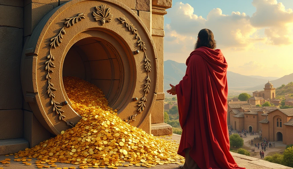 Create an image of Solomon in a biblical setting, where he is keeping gold coins in a large stone safe, symbolizing the importance of savings. The vault must have a relief of fruit trees, suggesting that savings is a seed that grows over time. No fundo, show a scene of a thriving community, with solid constructions and abundance, highlighting that savings are the basis for future prosperity. Add a contrasting element, like figures on the horizon engaged in immediate consumption and frivolities, to reinforce Solomon&#39;s message.