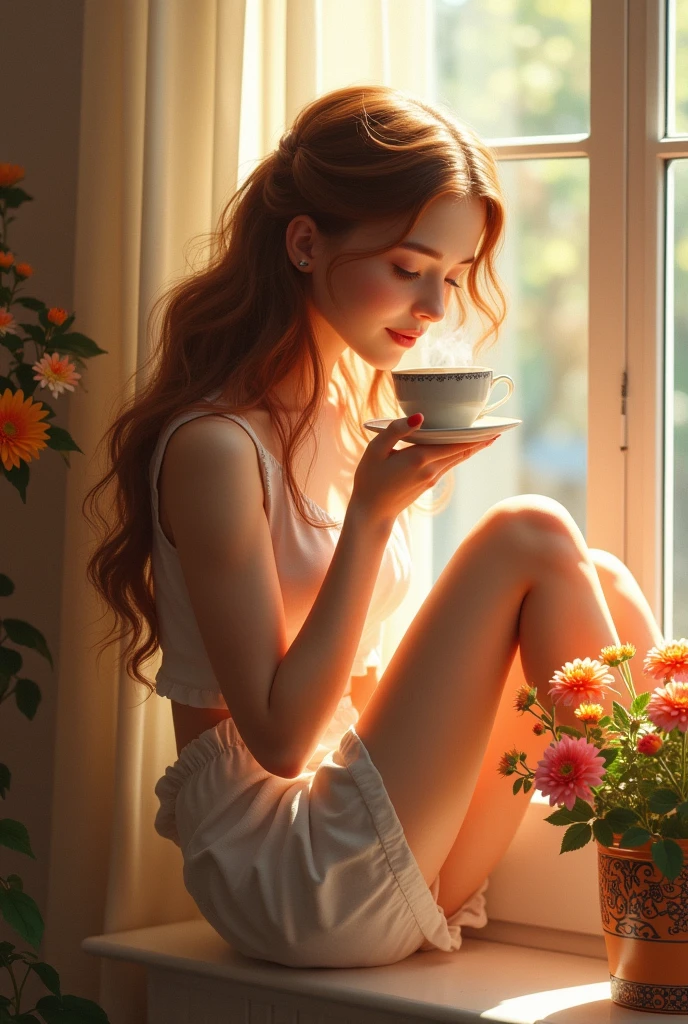 masterpiece,Best Quality,masterpiece,Best Quality,official art,Extremely detailed CG unity 8k wallpaper,Light retro color,rice print style,illustration,Beautiful,1 girl,flores,windowsill,flowerpot,Drink coffee,.