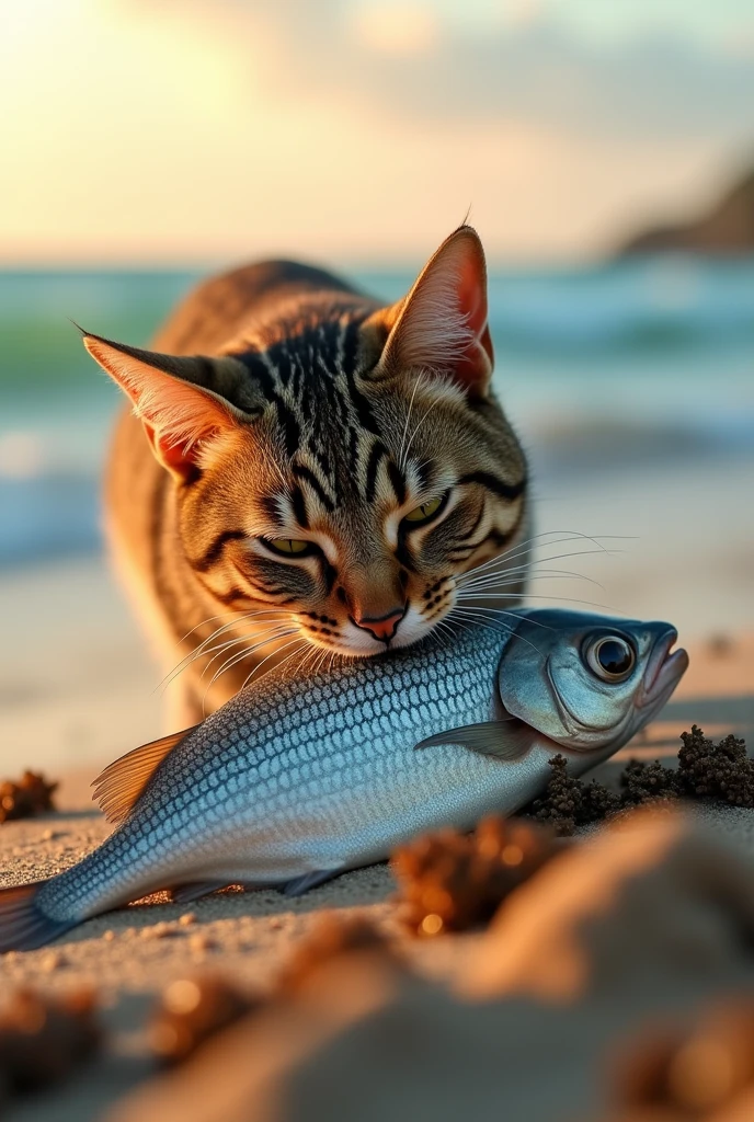 A cat biting into a fish. It looks like it&#39;s biting into it more vigorously, from a 45 degree angle.