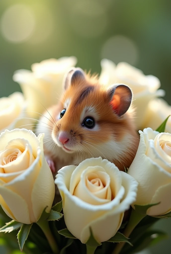 realistic photography, hamster with white Roses 