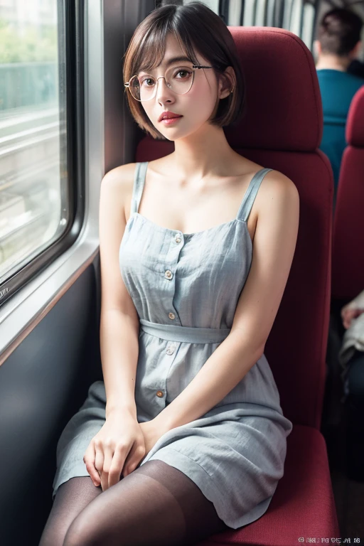 (masterpiece, Highest quality, 8k, RAW Photos, beautifully、beautiful:1.2),  Intricate details, indirect lighting, Realistic,
whole body, Sitting on a chair on the train、Gazing at the audience、Voyeur、
 Square neck button-down linen sundress, Short Bob、Glasses、(Ultra-realistic pantyhose)、
 Women&#39;s training , Chair to sit under skirt,