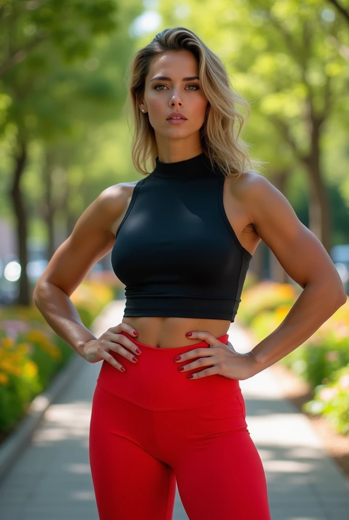 Image of a woman with a black muscle shirt and red leggings 

