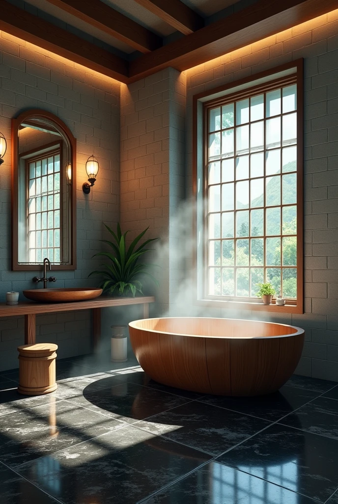 ((masterpiece)), anime style illustration, top quality picture, Extremely sharp image, digital painting with influences from realistic scenarios, pixiv style, (angle from bottom to top, three-dimensional scene), (scenery like in a movie), (traditional Japanese bathroom:1.5), (gray brick walls with detailed texture, showing slight natural wear:1.4), (polished black marble floor with carefully crafted dark wood edges and veins:1.6), (circular wooden bathtub in the upper right corner, made of aged wood with delicate details on the edges and handcrafted touches:1.8), (large full-length mirror positioned on the left wall, accurately and softly reflecting ambient light:1.7), (realistic mirror reflection partially showing the bathtub and other details of the room, with a slight golden glow caused by the lighting:1.5), (light brown wooden stool, with a smooth and slightly rounded surface, placed in front of the mirror:1.7), (small wooden buckets scattered naturally on the floor, with signs of use and slightly wet, next to the stool and the mirror:1.6), (white manhole with brushed metal details, positioned discreetly close to the cleaning area:1.4), (lamps on the walls that emit a soft, warm golden light, creating detailed and atmospheric shadows all around:1.7), (light steam rising from the bathtub, softening the lighting and adding a soft haze effect to the environment:1.5), (texture of water in the bathtub with subtle reflections of the surrounding lights, delicate ripples showing the movement of the water:1.4), (neatly folded towels placed on a small wooden shelf in the background, next to the bathtub:1.3), (ceramic vase with a small green plant next to the mirror, adding a touch of nature to the environment:1.3), (camera with depth of field that softens the background, maintaining detailed focus on foreground objects, like the stool and the bal