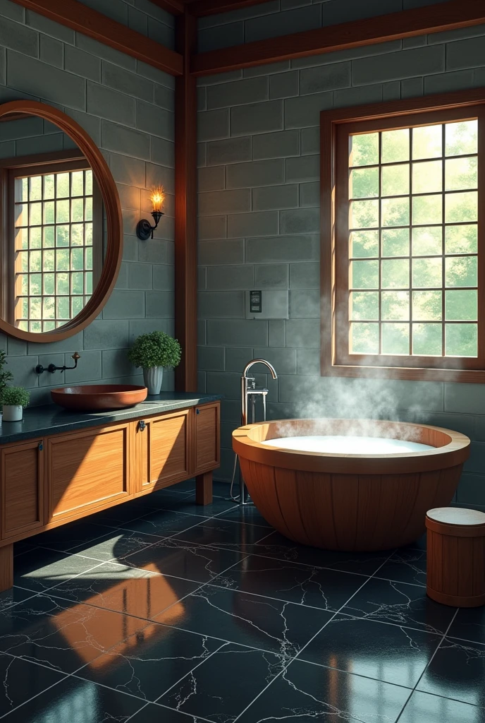 ((masterpiece)), anime style illustration, top quality picture, Extremely sharp image, digital painting with influences from realistic scenarios, pixiv style, (angle from bottom to top, three-dimensional scene), (scenery like in a movie), (traditional Japanese bathroom:1.5), (gray brick walls with detailed texture, showing slight natural wear:1.4), (polished black marble floor with carefully crafted dark wood edges and veins:1.6), (circular wooden bathtub in the upper right corner, made of aged wood with delicate details on the edges and handcrafted touches:1.8), (large full-length mirror positioned on the left wall, accurately and softly reflecting ambient light:1.7), (realistic mirror reflection partially showing the bathtub and other details of the room, with a slight golden glow caused by the lighting:1.5), (light brown wooden stool, with a smooth and slightly rounded surface, placed in front of the mirror:1.7), (small wooden buckets scattered naturally on the floor, with signs of use and slightly wet, next to the stool and the mirror:1.6), (white manhole with brushed metal details, positioned discreetly close to the cleaning area:1.4), (lamps on the walls that emit a soft, warm golden light, creating detailed and atmospheric shadows all around:1.7), (light steam rising from the bathtub, softening the lighting and adding a soft haze effect to the environment:1.5), (texture of water in the bathtub with subtle reflections of the surrounding lights, delicate ripples showing the movement of the water:1.4), (neatly folded towels placed on a small wooden shelf in the background, next to the bathtub:1.3), (ceramic vase with a small green plant next to the mirror, adding a touch of nature to the environment:1.3), (camera with depth of field that softens the background, maintaining detailed focus on foreground objects, like the stool and the bal