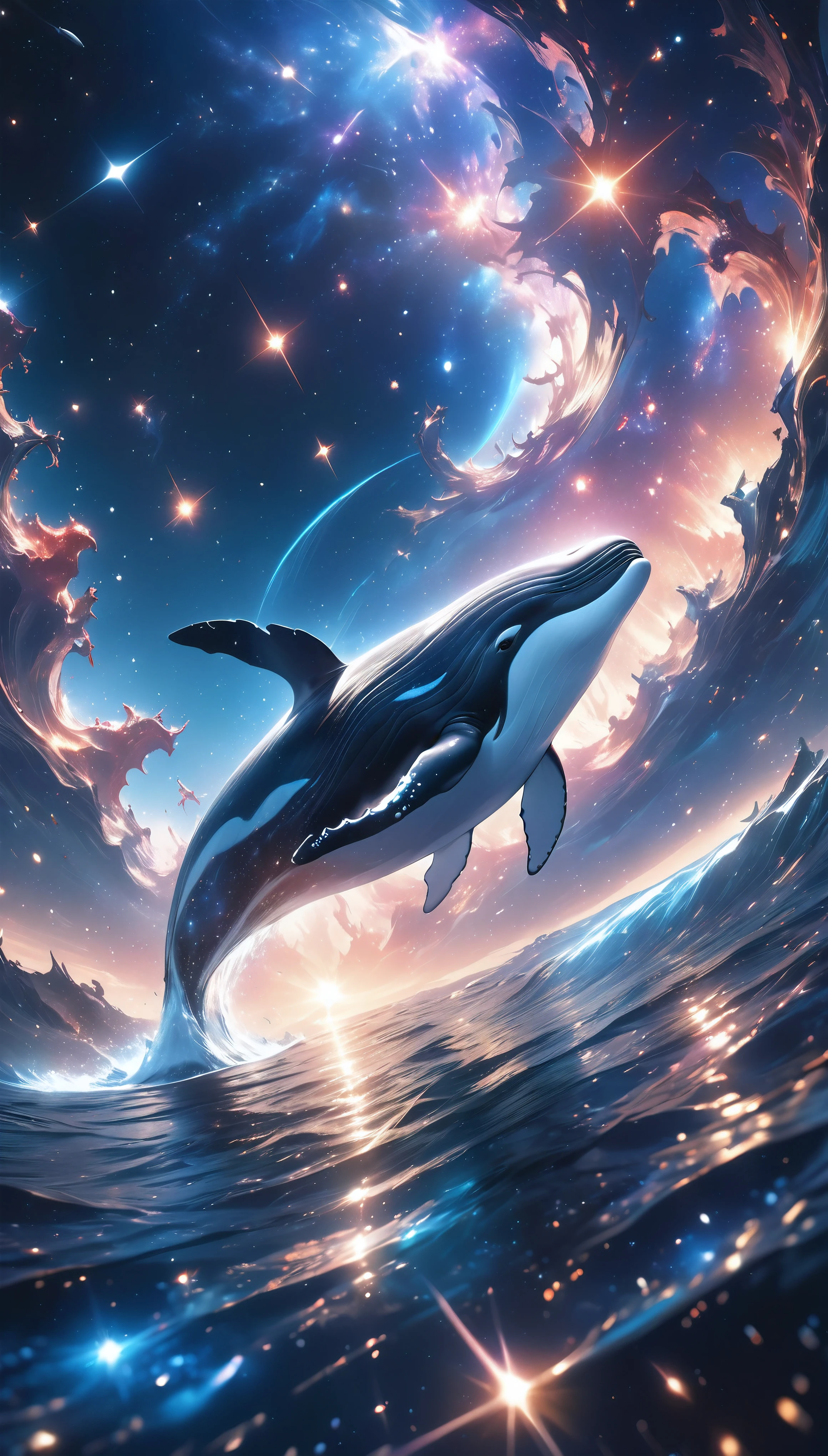 a breathtaking cosmic landscape, a sea of shimmering stardust, glimmering and radiant, luminous and reflective, a whale leaping from the sea and swimming through the cosmos, ultra-detailed, (best quality,8k,highres,masterpiece:1.2),realistic, photorealistic, vibrant colors, dramatic lighting, cinematic composition, dreamlike, fantasy, surreal, ethereal