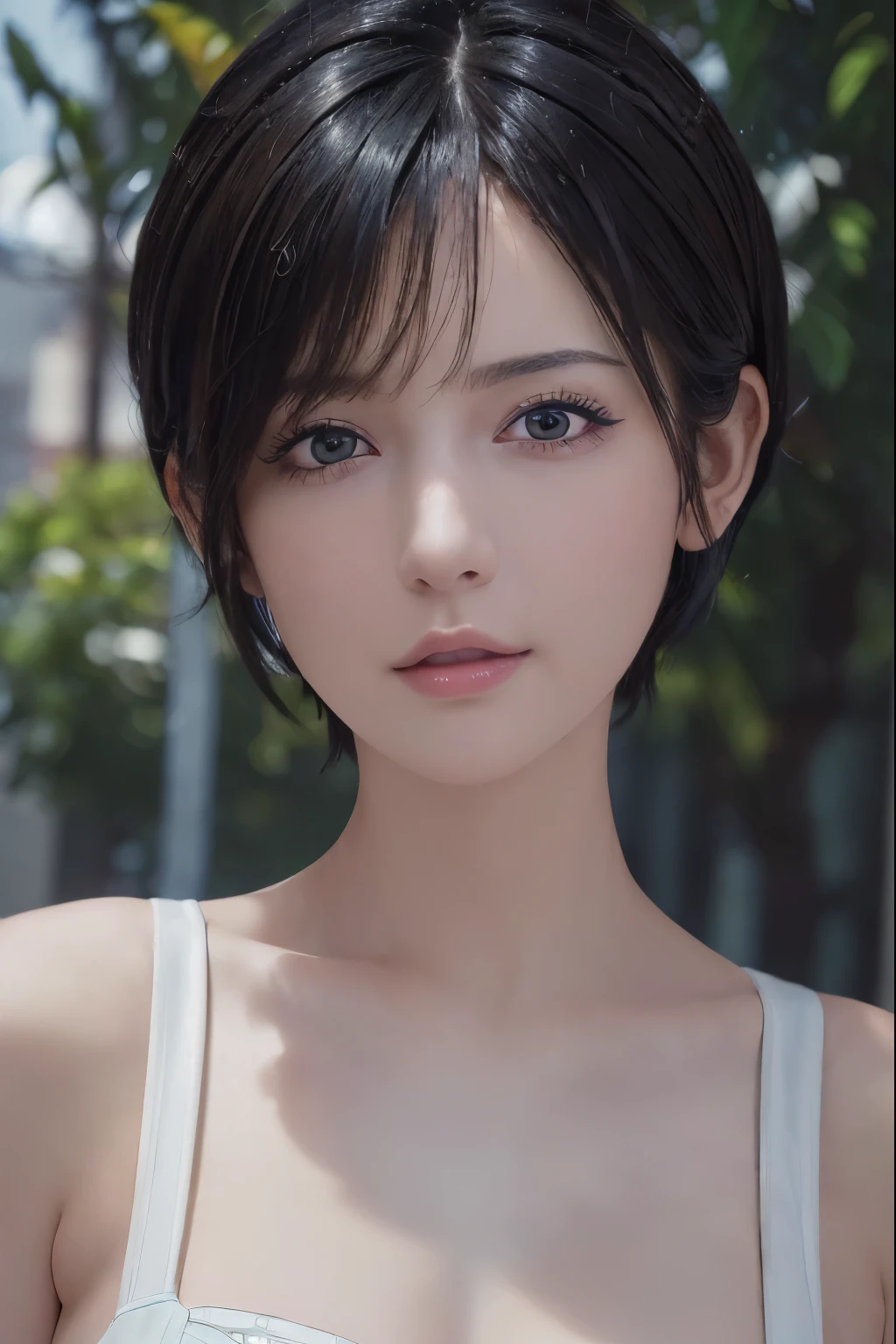 (masterpiece:1.3), (8k, photorealistic, RAW photo, best quality: 1.4), (1girl), beautiful face, (realistic face:1.3), (black hair, short hair:1.3), beautiful hairstyle, realistic eyes, beautiful detailed eyes, (realistic skin1.4), beautiful skin, (white swim), absurdres, attractive, ultra high res, ultra realistic, highly detailed, golden ratio, pores, 