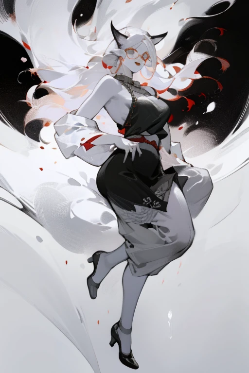 ((ultra realistic illustration)), (full body),(black clothing), Cute, long white hair, ethereal ((very pale:1.4)). Innocent look. Gentle spirit. (Playful:1.2). Mascara, eyeglasses, necklace, jacket, blouse, ruffle dress, (black pantyhose), high heels. Masterpiece, (highly detailed:1.2),(detailed face and eyes:1.2), 8k wallpaper, natural lighting. core shadows, high contrast, bokeh. White skin, (Fox ears), looking at viewer, doe eyes, Exquisite eyes,Red Eyeshadow, Red lips,cute laugh, Ukiyo-e, masterpiece, high quality, at the lowest limit, Tiny,Huge breasts,Bare shoulders,,Lace,Lace stockings,Lace skirt