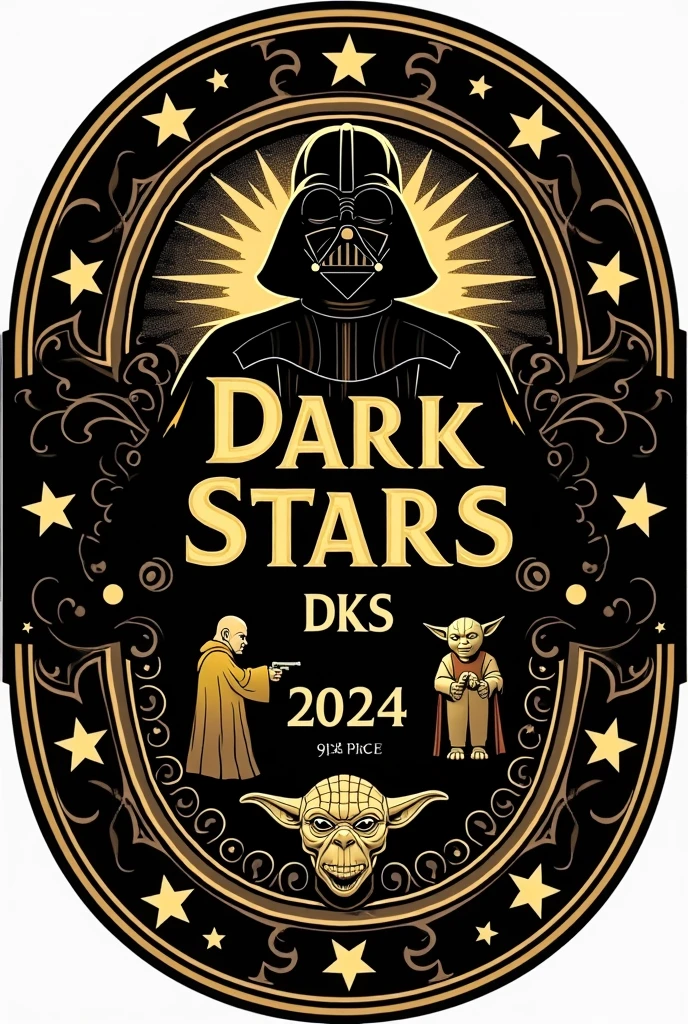 Create a round football (soccer) crest with a **black and gold** color scheme. The main theme should incorporate elements from the **Star Wars** universe, featuring **characters** from the movies. The name "**Dark Stars**" should be prominently displayed at the top, along with the abbreviation "**DKS**" placed centrally or below the team name. Add **golden stars** as additional elements, possibly around the border or integrated with the design. Ensure the **borders are detailed in gold** with intricate patterns, and include the year **2024** subtly within the design. The overall aesthetic should blend the futuristic, iconic look of Star Wars with the traditional feel of a football crest.