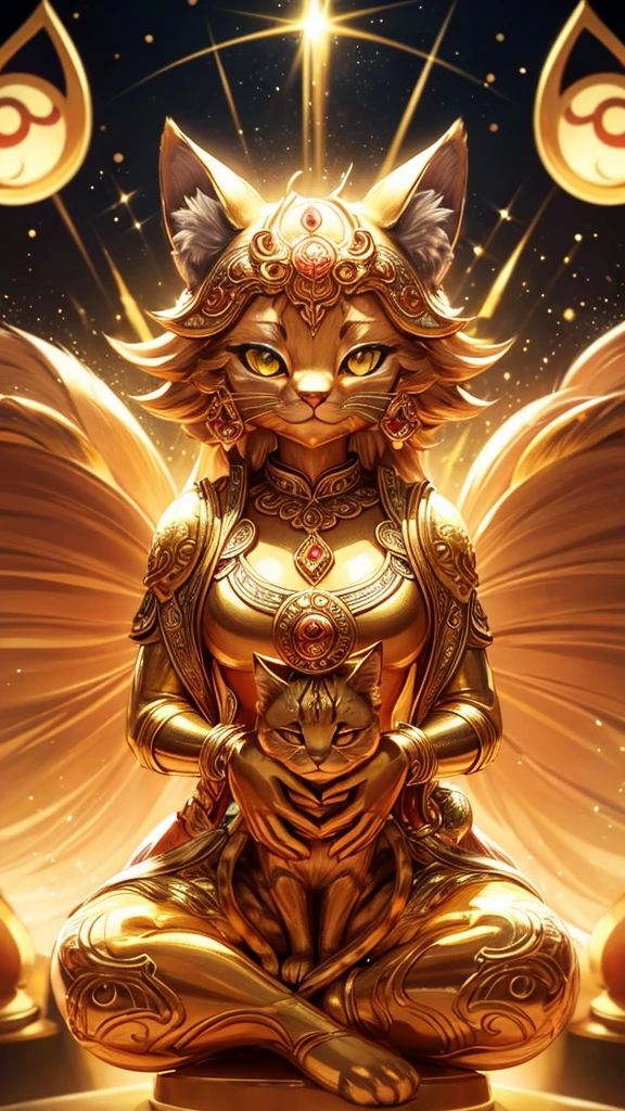 Close-up of a golden cat statue on a golden background, Golden aura shines、Anthropomorphic cat god, Worshipped as the cat god, Adobe Stock Trends, Emits a warm light, Glamorous golden light, Pure gold sculpture, Shine with happiness, A satisfied look, They are treasured for their mysterious powers and for being extremely auspicious.. Acting as an emissary of good fortune and blessings (8K quality, Picture Mode Ultra HD, Shot with a Nikon camera, The whole body of the cat statue is