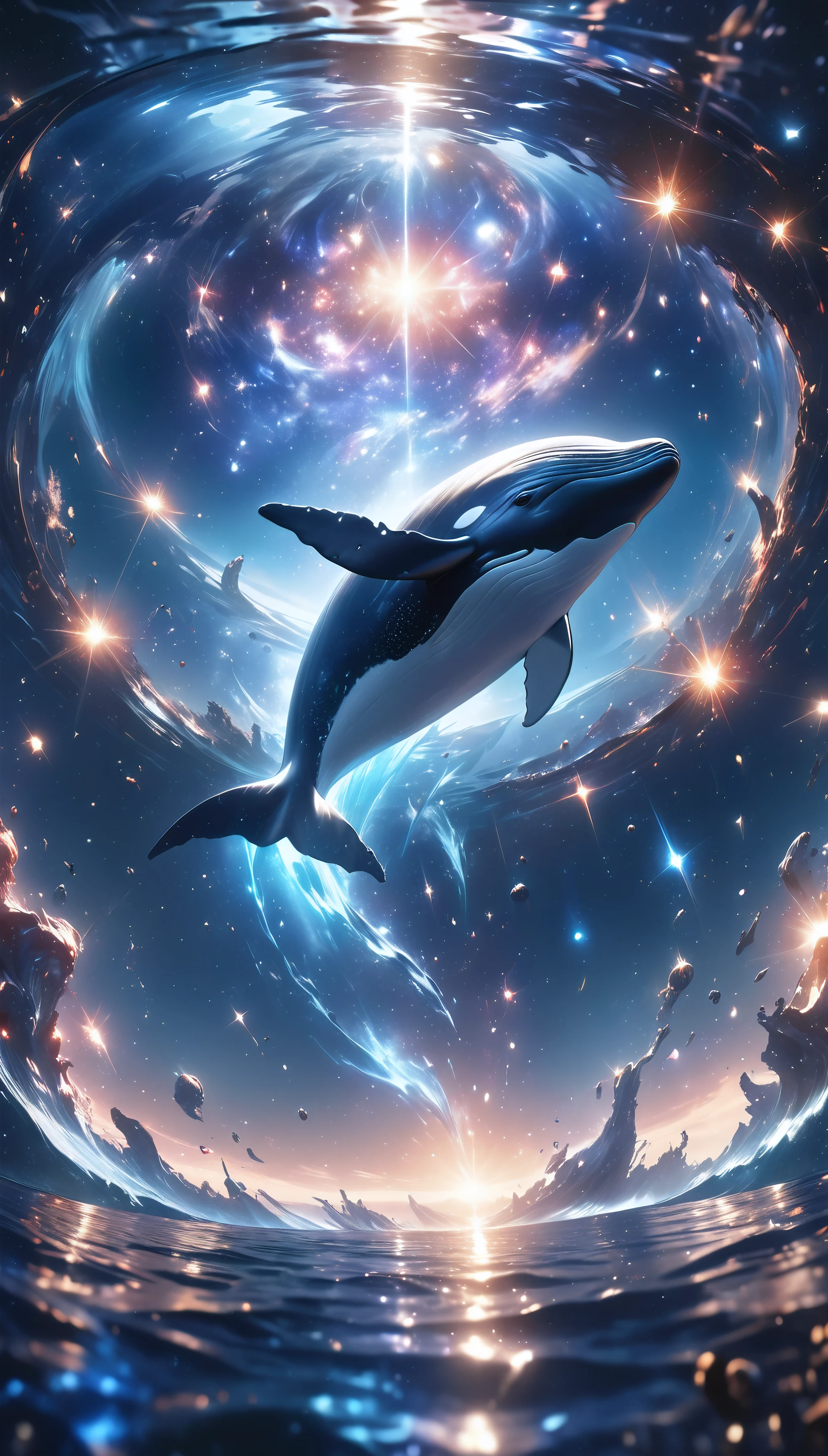 a breathtaking cosmic landscape, a sea of shimmering stardust, glimmering and radiant, luminous and reflective, a whale leaping from the sea and swimming through the cosmos, ultra-detailed, (best quality,8k,highres,masterpiece:1.2),realistic, photorealistic, vibrant colors, dramatic lighting, cinematic composition, dreamlike, fantasy, surreal, ethereal