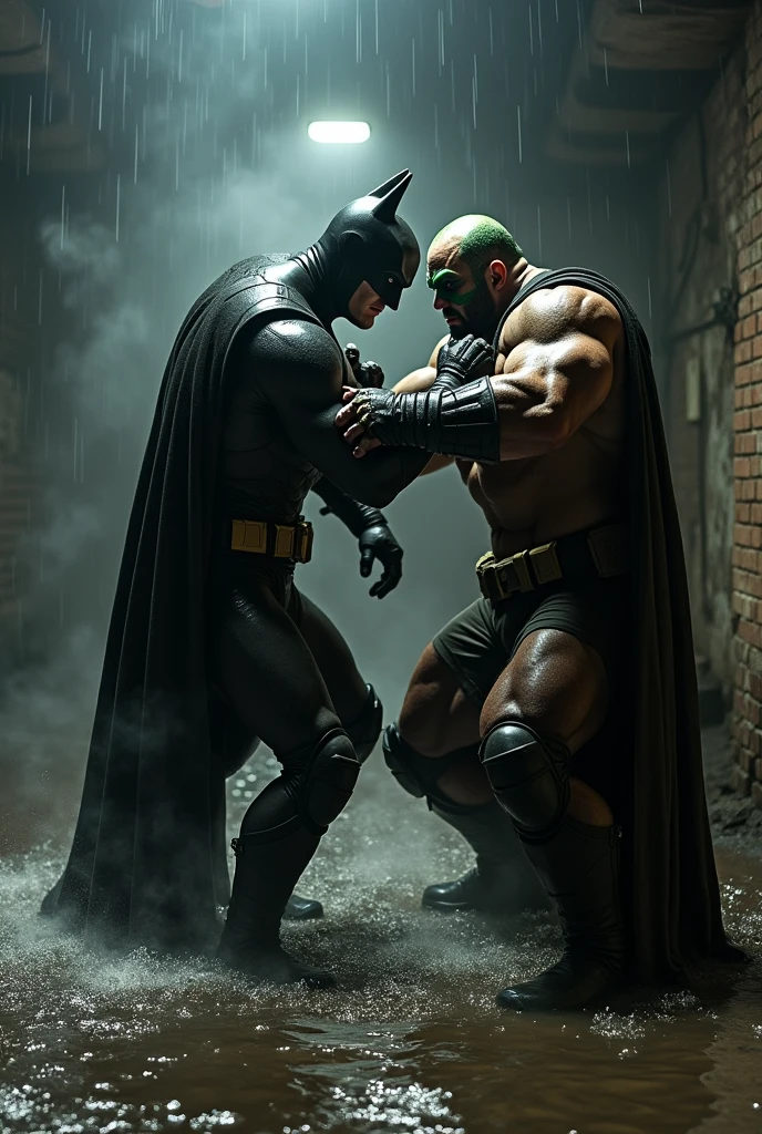 Muscular Batman fighting a hand-to-hand fight with Bane in the sewer