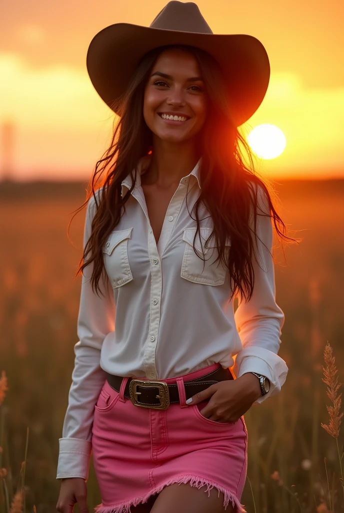 une brune sexy, Brown eyes, wet and very tanned body (19 ans) femme espagnole ,(superior quality:1.4),cow-girl sexy, porte un chapeau de cowgirl, Short court moulant rose, chemise a boutons blanche a décolleté, ceinture de cowgirl, gentle face, the woman has very big breasts redone, she has a belly showing, sunset meadow background, the woman has a smile on her lips, the woman has a dream body with rather big breasts and she has beautiful buttocks