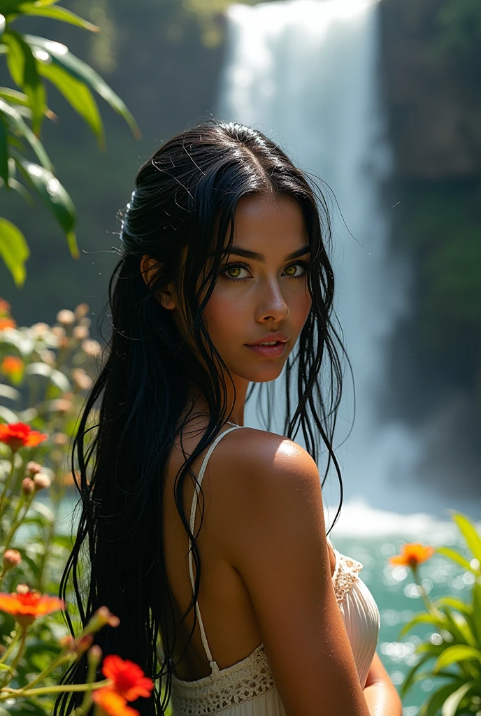Beautiful woman with black hair and yellow eyes is in a waterfall, She is wet her hair is wet and her yellow eyes are shining
