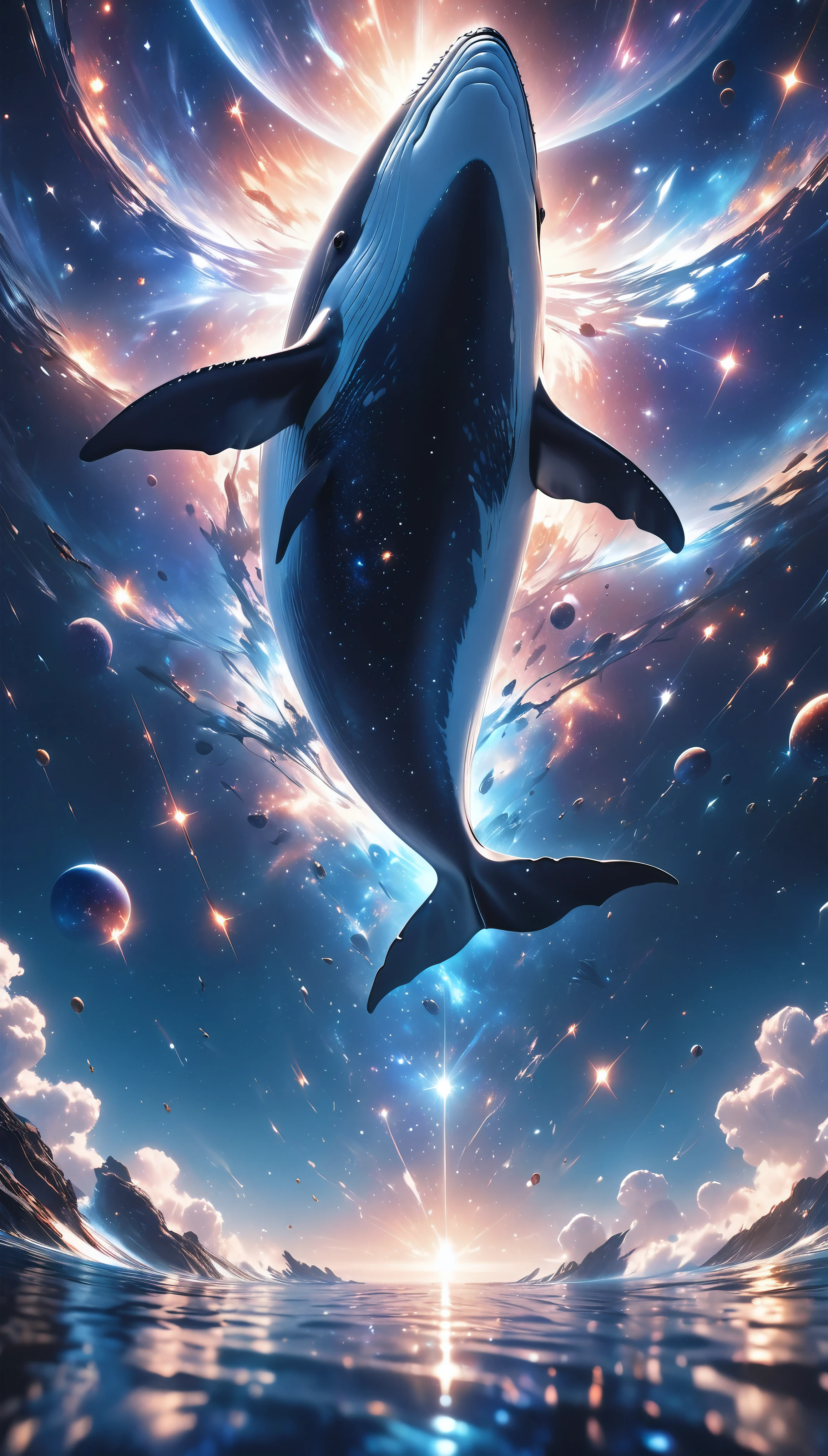 a breathtaking cosmic landscape, a sea of shimmering stardust, glimmering and radiant, luminous and reflective, a whale leaping from the sea and swimming through the cosmos, ultra-detailed, (best quality,8k,highres,masterpiece:1.2),realistic, photorealistic, vibrant colors, dramatic lighting, cinematic composition, dreamlike, fantasy, surreal, ethereal