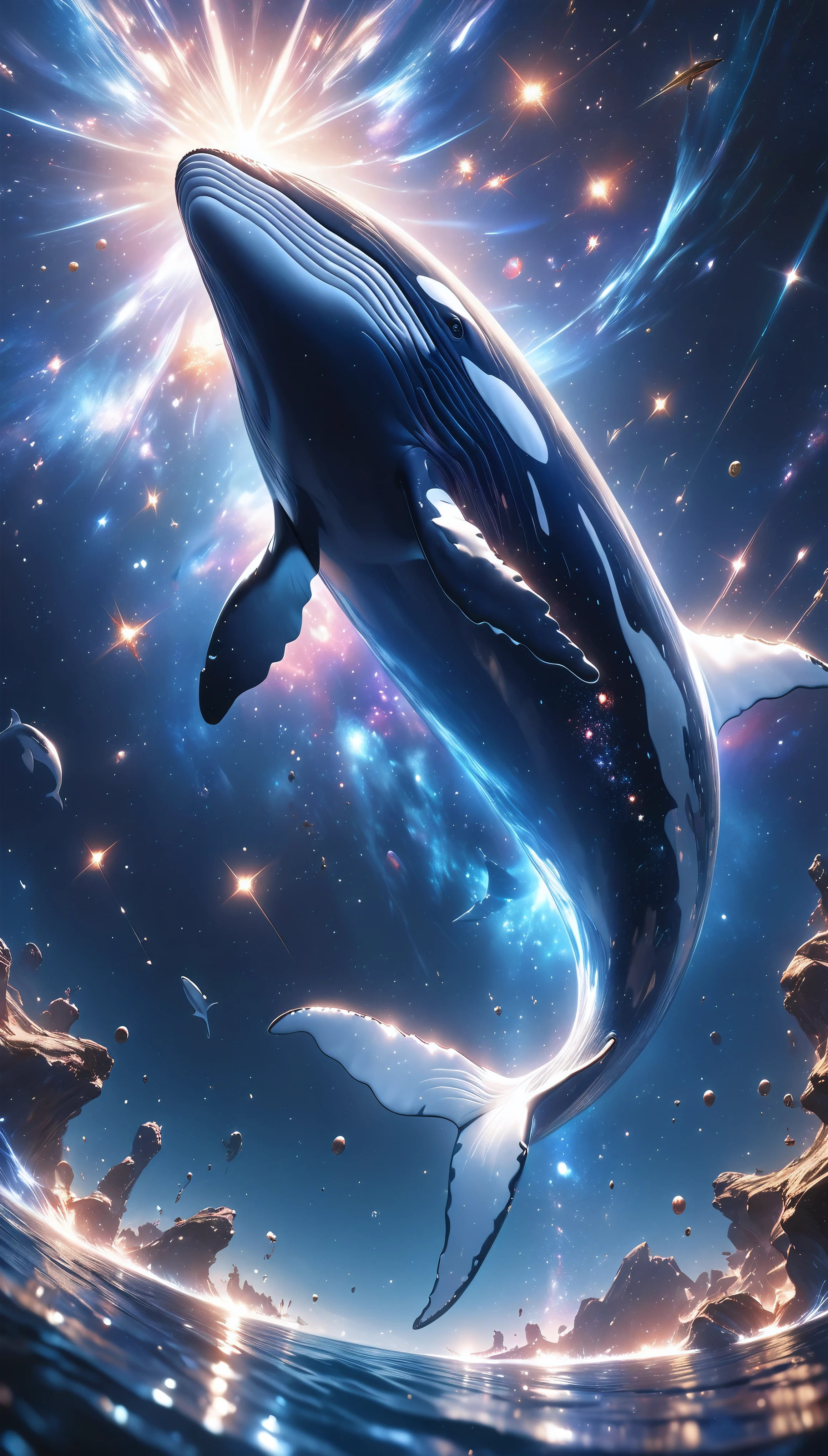 a breathtaking cosmic landscape, a sea of shimmering stardust, glimmering and radiant, luminous and reflective, a whale leaping from the sea and swimming through the cosmos, ultra-detailed, (best quality,8k,highres,masterpiece:1.2),realistic, photorealistic, vibrant colors, dramatic lighting, cinematic composition, dreamlike, fantasy, surreal, ethereal