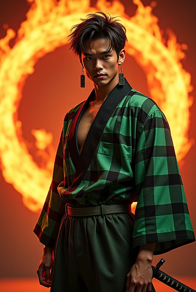 
Demon Slayer live-action version。
There is a crack in the double tooth when smiling。
Behind him is a flame aura。
Standing with a Japan sword。Thick chinos。
The jacket is a two-tone green and black check pattern.。
Wearing tabi socks and geta。
Bruise on left forehead。
Rectangular earrings on both ears。
