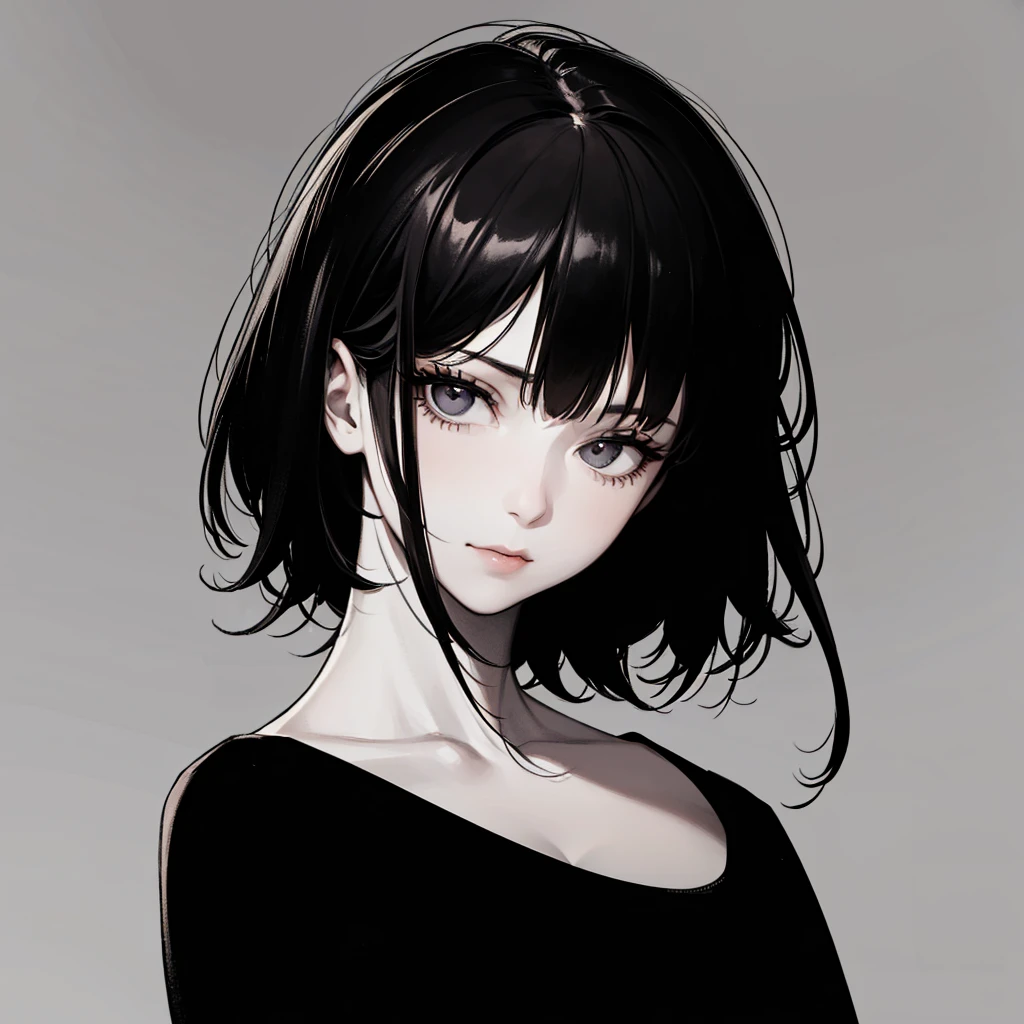 1girl, solo, monochrome, greyscale, short black hair, portrait, white T-shirt, closed mouth, looking at viewer, sketch, graphite \(medium\), detailed lips, hatching \(texture\), without makeup, bangs, upper body, (best illustration), (best quality), (very detailed), (masterpiece), expressionless,