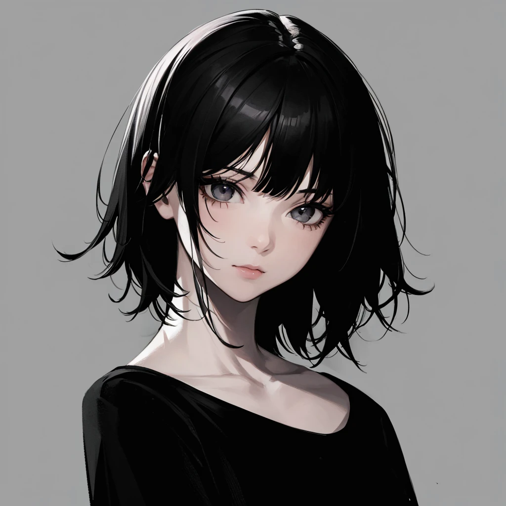1girl, solo, monochrome, greyscale, short black hair, portrait, white T-shirt, closed mouth, looking at viewer, sketch, graphite \(medium\), detailed lips, hatching \(texture\), without makeup, bangs, upper body, (best illustration), (best quality), (very detailed), (masterpiece), expressionless,