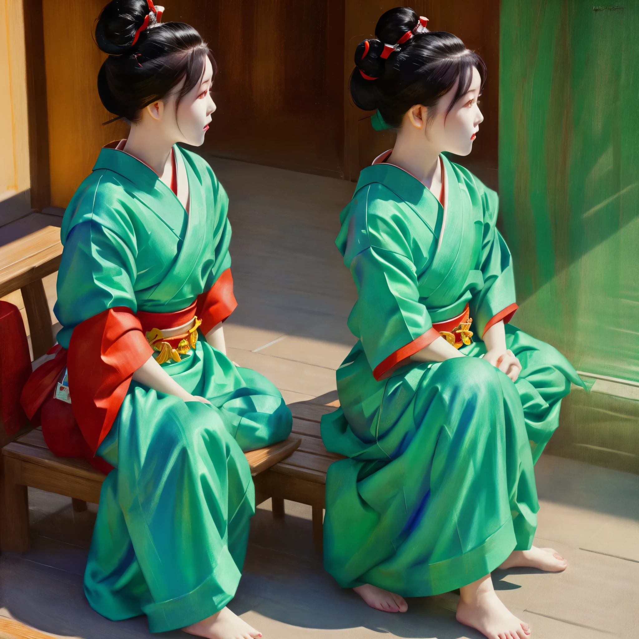 Close-up shot of a woman, with green hair buns and red eyes, wearing a yukata, crossing arms, in a shintoist patio, cinematic lighting, beautiful proportions, iper-realistic.
