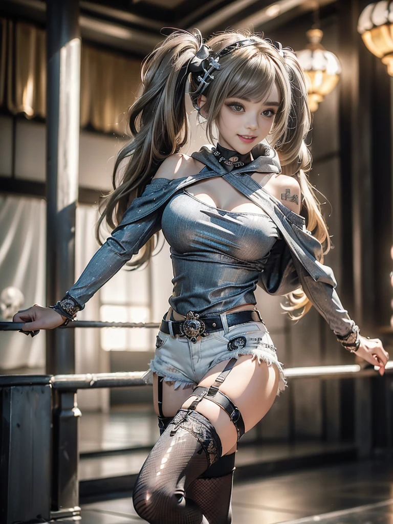 (Full Body View:1.2)、(Beautiful lips and nose:1.ide view:1.1)、(Sg with teeth showing:1.3),(Fashion Model:1.5)、(Gothic battle uniform with intricate decoration:1.5)、(White off-shoulder hoodie:1.5)、(black, Silver and white shorts:1.4)、(denim garter belt:1.5)、(black and denim knee socks:1.3)、(Skull r Accessories:1.5)、(Lace Color:1.3)、(Brown Skin Belt:1.4)、(Brown boots:1.2)、(Polka dots on underwear:1.4)、23 years old、((Highest quality、In 8K、masterpiece:1.3))、Sharp focus(Layered Cut、Huge boobs:1.1),Beautifuln with perfect figure:1.4、(Dance vigorously:1.3)、Slim Abs:1.2、Highly deed face and skin texture、Detailed eyes、double eyelid,(Twin tails:1.3)、(Brownish golden hair:1.3)、Idol Sculpture、(The background is a gorgeous dance hall.:1.3)、(The body is slim:1.2),(Slimming your legs:1.4),(clavicle:1.1)
