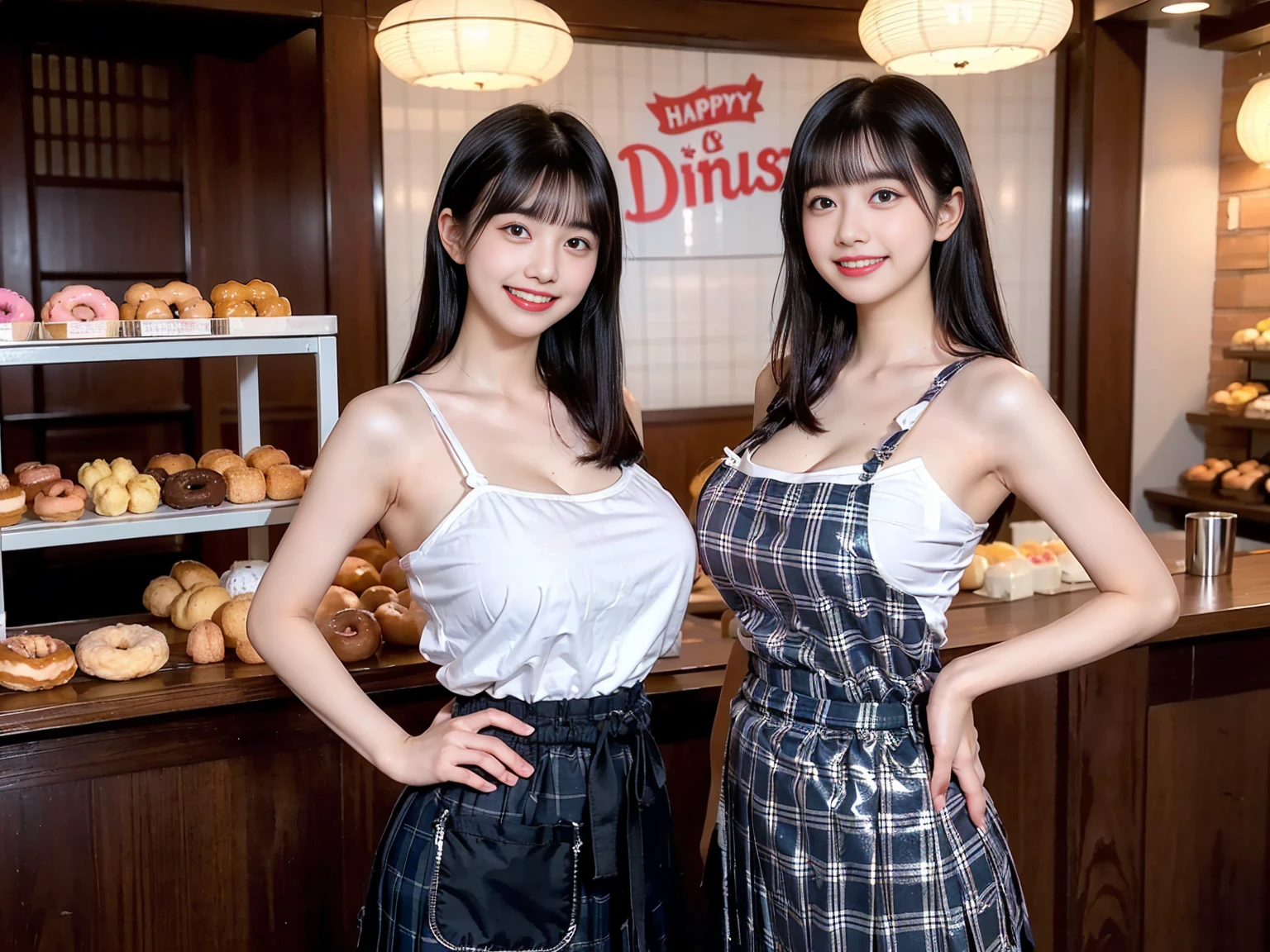 (masterpiece, realistic, photo-realistic:1.2), finely detail, ultra high res, perfect anatomy, best quality, 8K, soft focus, (grin, happy smile:1.3), (2girls, harem, yo Japanese short girls, pleated plaid skirt with waist-apron:1.2), portrait, (upper body shot:1.2), focus on breasts, (black straight hair, short hair, blunt bangs:1.2), beautiful detailed face and big eyes, (glowing fair skin, shiny oiled body:1.2), (pointed huge breasts, gigantic breasts:1.2), (bloom, awesome detailed donuts shop, donuts displayed in showcase:1.2), standing pose emphasized breasts, 2girls side by side,