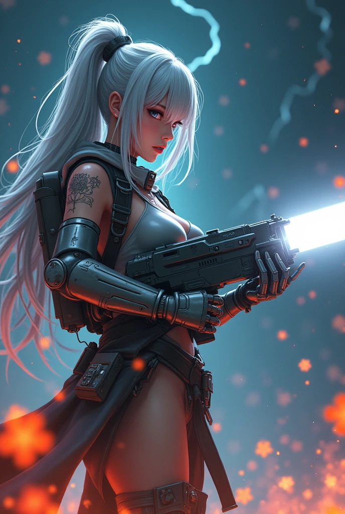 サイバーチックな大きい銃を持っている自身の手から肩までが近未来的なメカなanime調の女性、fire花が散っている、The laser is coming、A face full of determination、My clothes are in tatters、Covered in wounds、Shooting a laser gun that shoots white beams、Silver Hair、anime、The laser is coming、night、fire、Hands are mechanical、He has transformed himself into a machine.、Highest quality、high resolution、thunder、muscle、Hand holding laser gun、Facing loneliness、beautiful girl、Hands holding guns、anime