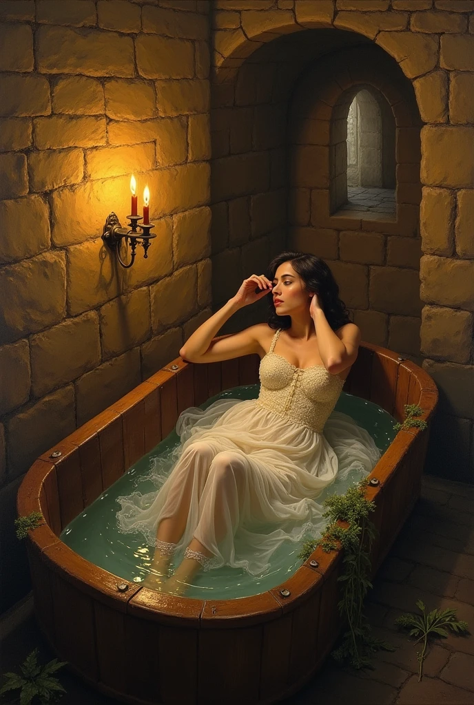 A delight oil painting of A woman in a medieval dimlight bathing chamber, illuminated by the soft low glow of a candle as she relaxes in a wide wooden tub. The low light enhances the curves of her body and the delicate texture of her dress. Her body figure unclearly exposed under the water surface.
