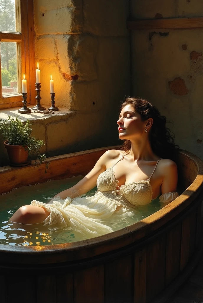 A delight oil painting of A woman in a medieval dimlight bathing chamber, illuminated by the soft low glow of a candle as she relaxes in a wide wooden tub. The low light enhances the curves of her body and the delicate texture of her dress. Her body figure unclearly exposed under the water surface.