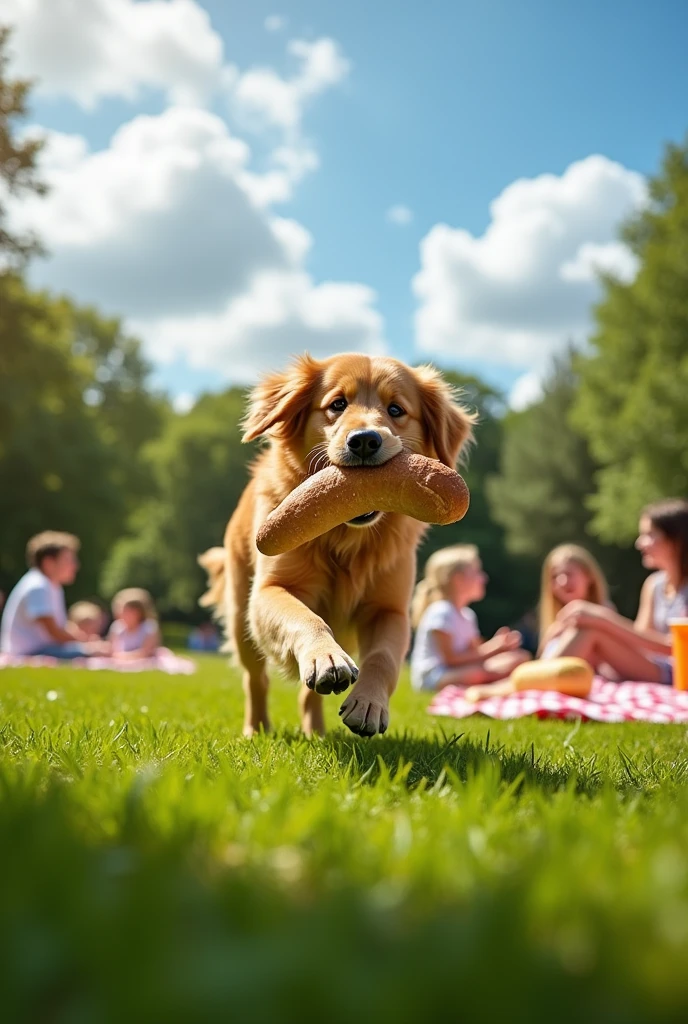 The dog retrieves the baguette