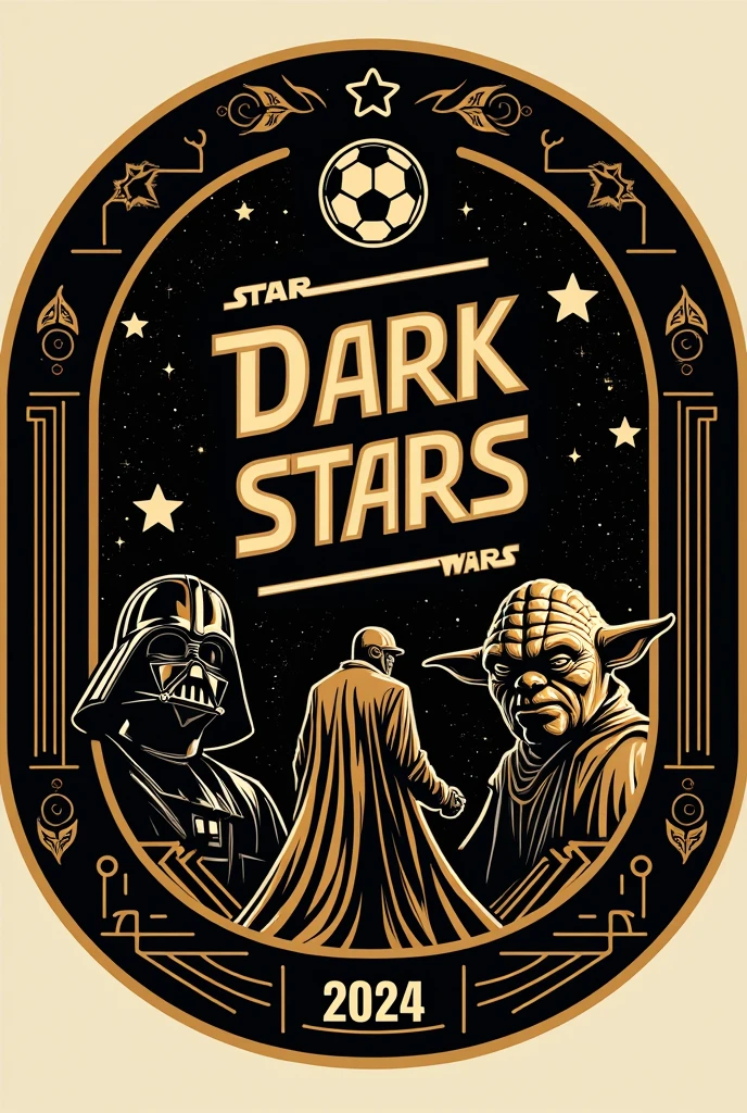 Create a round football (soccer) crest with a **black and gold** color scheme. The main theme should incorporate elements from the **Star Wars** universe, featuring **characters** from the movies. The name "**Dark Stars**" should be prominently displayed at the top, along with the abbreviation "**DKS**" placed centrally or below the team name. Add **golden stars** as additional elements, possibly around the border or integrated with the design. Ensure the **borders are detailed in gold** with intricate patterns, and include the year **2024** subtly within the design. The overall aesthetic should blend the futuristic, iconic look of Star Wars with the traditional feel of a football crest.