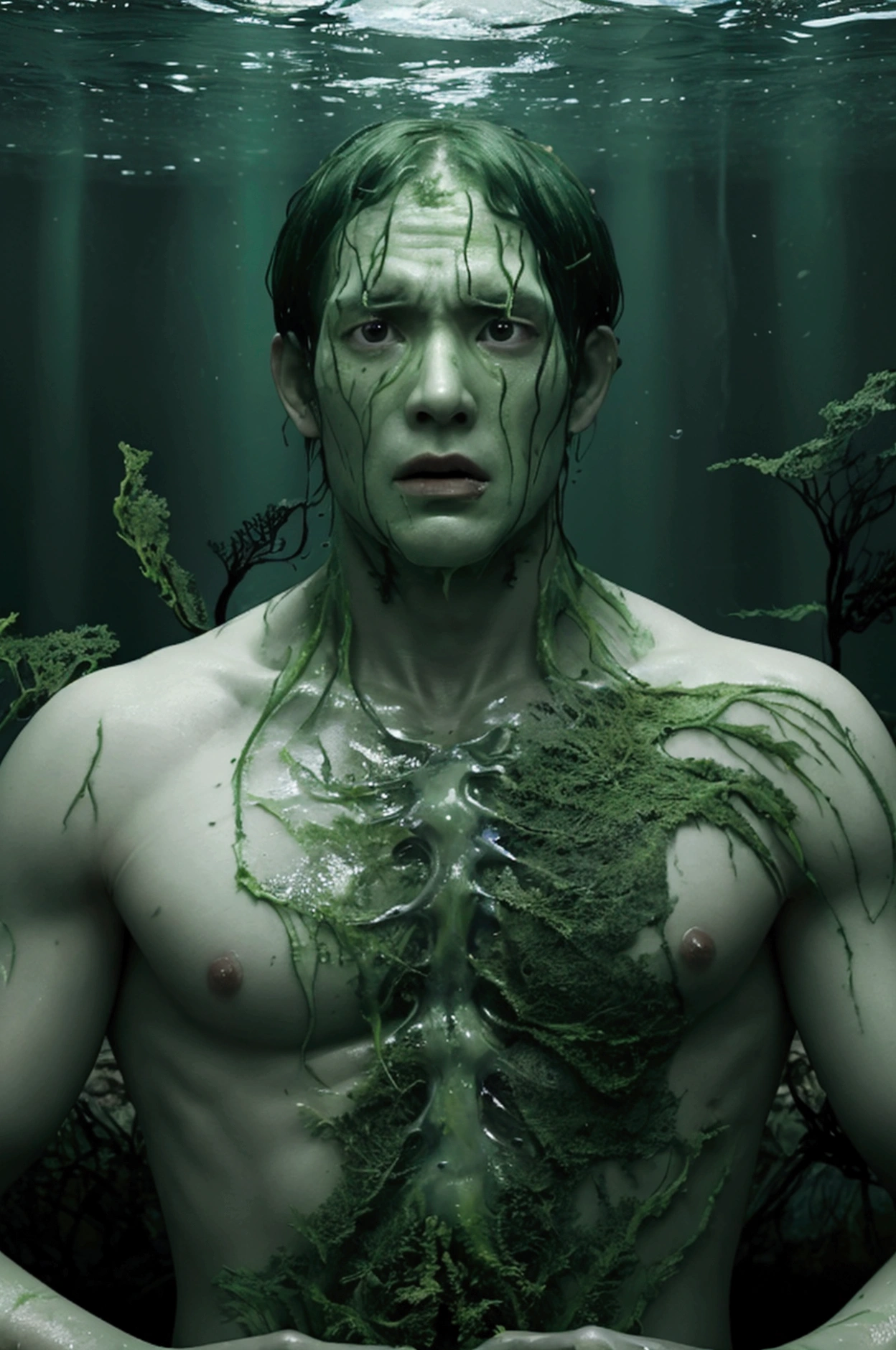 A super high-resolution 3D image of a man with an extremely horrified expression as the seaweed appears to grow inside him, wrapping around his veins and taking control of his body. His face shows clear signs of fear and despair.in the forest,darck,Green light