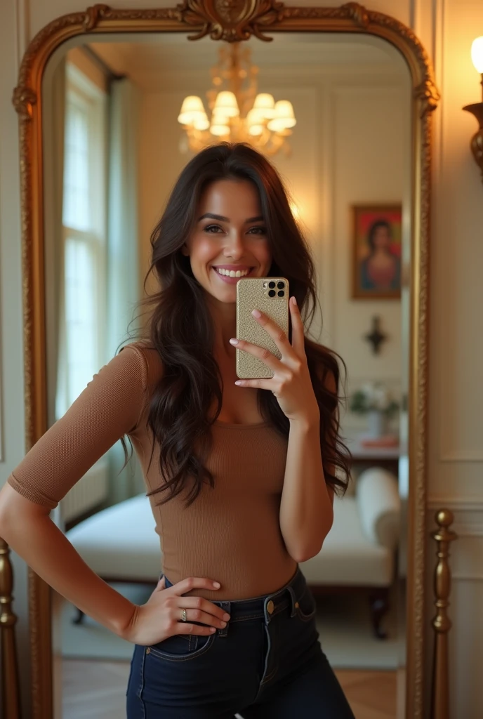 brunette taking selfie in front of a mirror