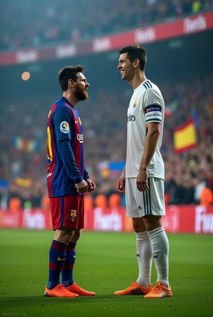 Messi Angry in front of ronaldo smiling
