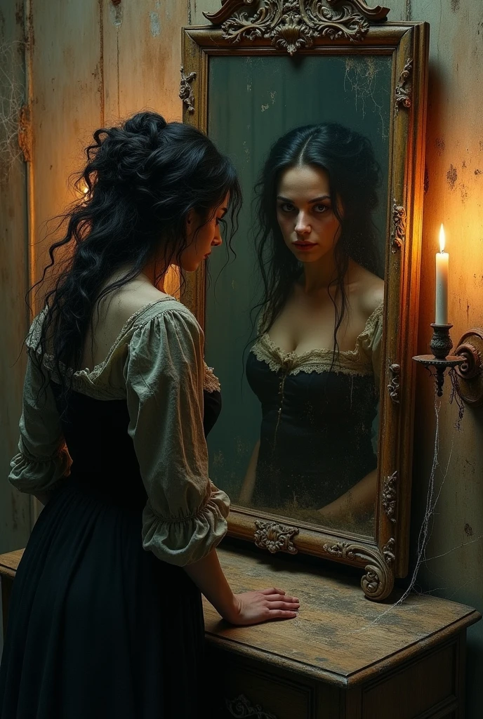 Pintura hecha a mano antigua aterradora o siniestra de una persona mirándose al espejo y viendo su reflejo.