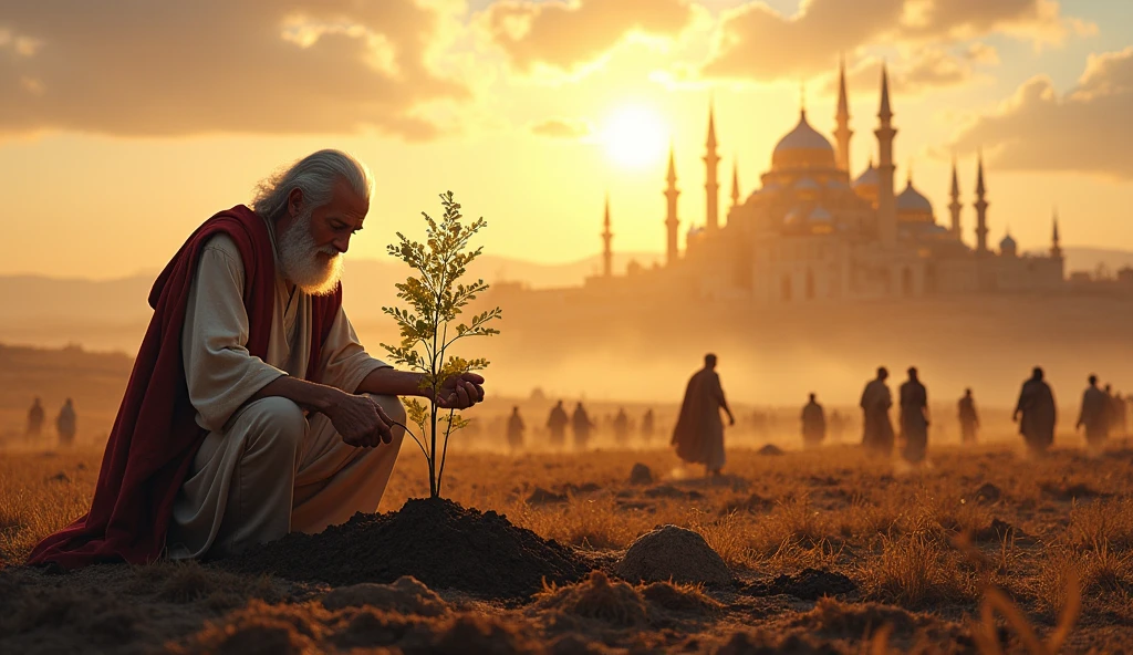 Create an image of a barren field in the foreground, with Solomon carefully planting a small tree in fertile soil. This tree, growing, symbolizes savings, showing that with time and care, it will grow and bear fruit. No fundo, show a skyline with a large prosperous biblical city, representing the future that is built with patience and the wisdom of saving. In contrast, include figures trying to harvest from a barren field, symbolizing haste and lack of planning.