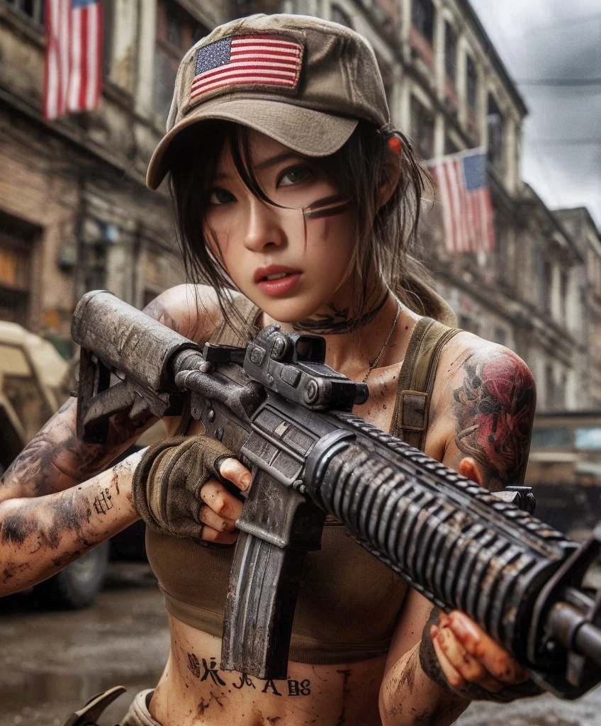 8k,Realistic Photo、Realistic Skin Texture、Superrealism、Japanese women in the U.S. military、Tattoo、cap、tactical pants、Short sleeve shirt、Beauty、American cityscape、Old building、Automatic rifle、Heavy equipment、Covered in scars、It is dirty、muscle、The background is out of focus、While avoiding gunfire aimed at the vehicle、Desperate look、Dramatic composition、action、Fierce Battle、Hold on、Ace