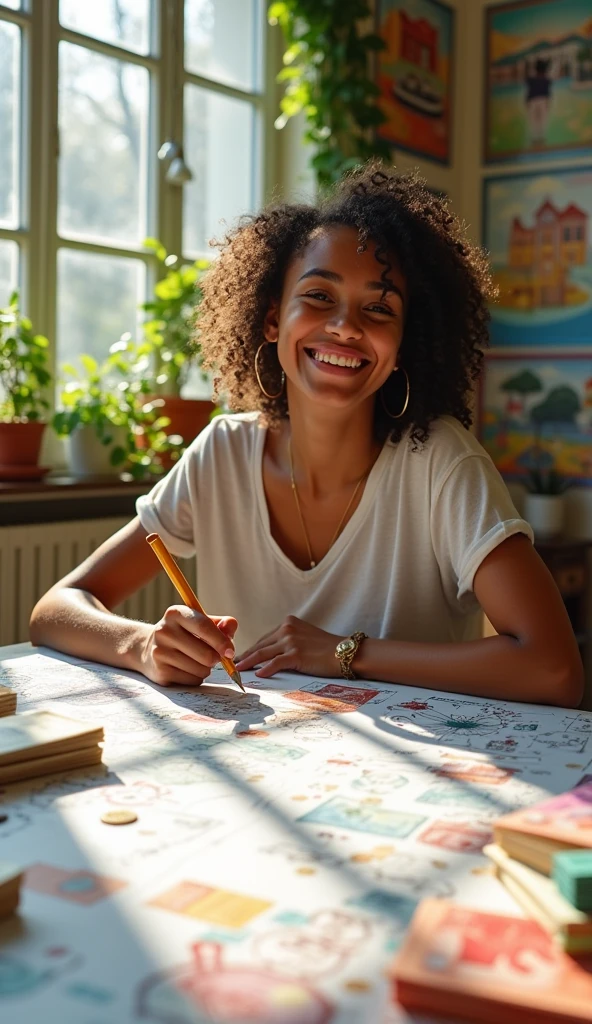 a happy person, planning life with money on a table, with graphics, house drawings, trips