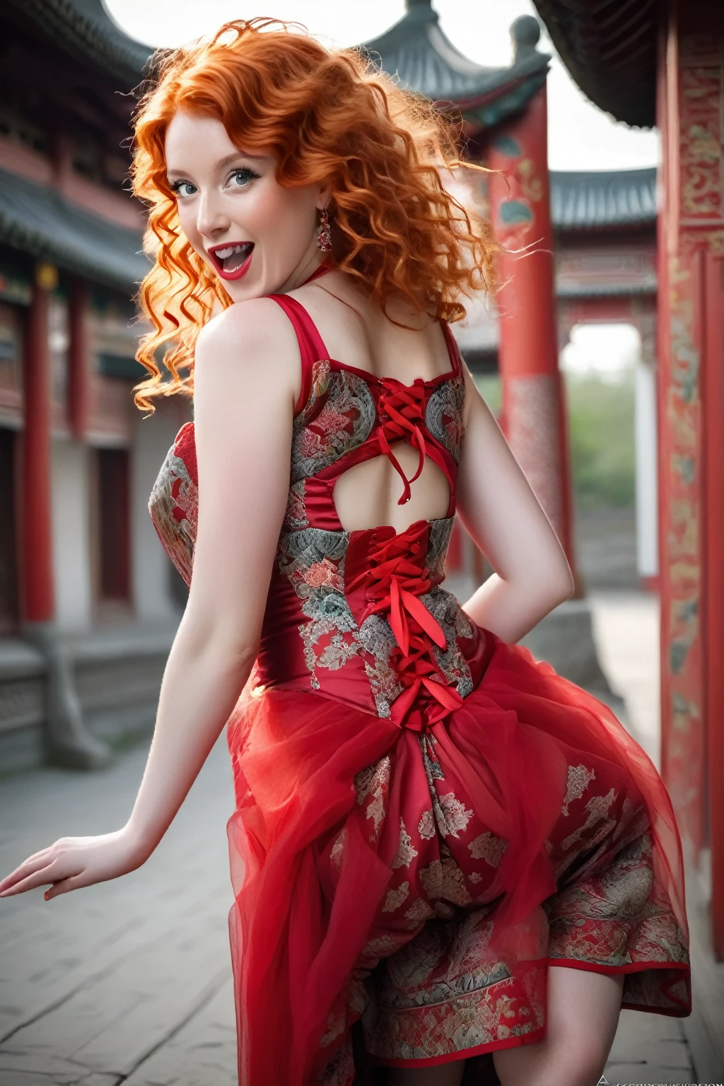 A European girl with vibrant ginger hair and grey eyes, playfully sticking out her long tongue. She wears a stunning red dress adorned with intricate Chinese patterns, featuring a red corset and crinoline. Her long, curly hair cascades volumetrically, while she squats gracefully, holding her skirt. The scene is ultra-realistic, highlighting her long legs and wide hips, complemented by red toe socks.