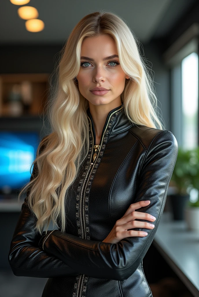 from face, official portrait, full view of a queen, a 30 years old woman, very long blond hair, blue eyes, slim, arms folded, she wears a futurist cream and blue dress made from a mix of printed circuit board alloy and leather fabric, a desktop in the background