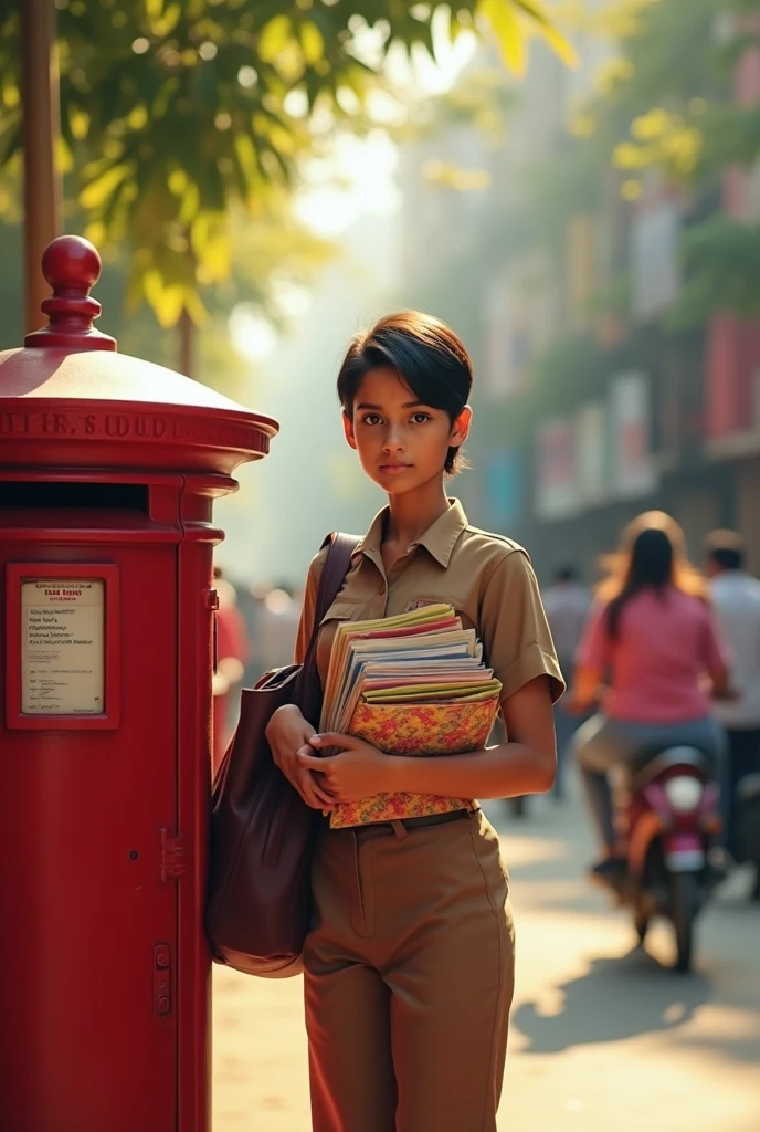 Post office lean girl with short hair and brown uniform holding post Letter and bag near India post box