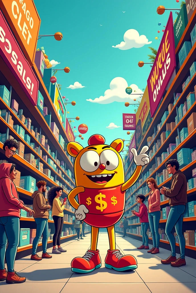 generate a photo of a cartoon about consumerism