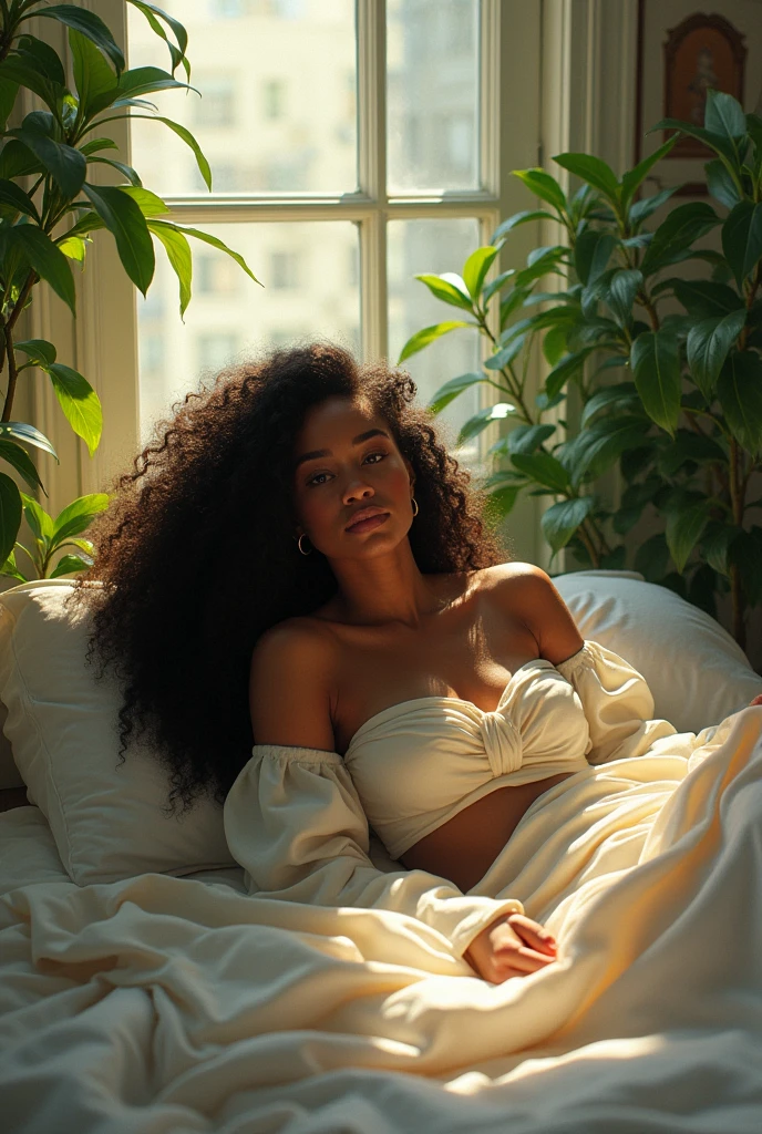 (photorealism:1.2), beautiful black woman, on bed, wearing loose off-shoulder top, long curly hair, indoors, plants in background, window with sunlight, cozy room, doggystyle pose, realistic, intricate details, cold colors, by Greg Rutkowski, by Alphonse Mucha