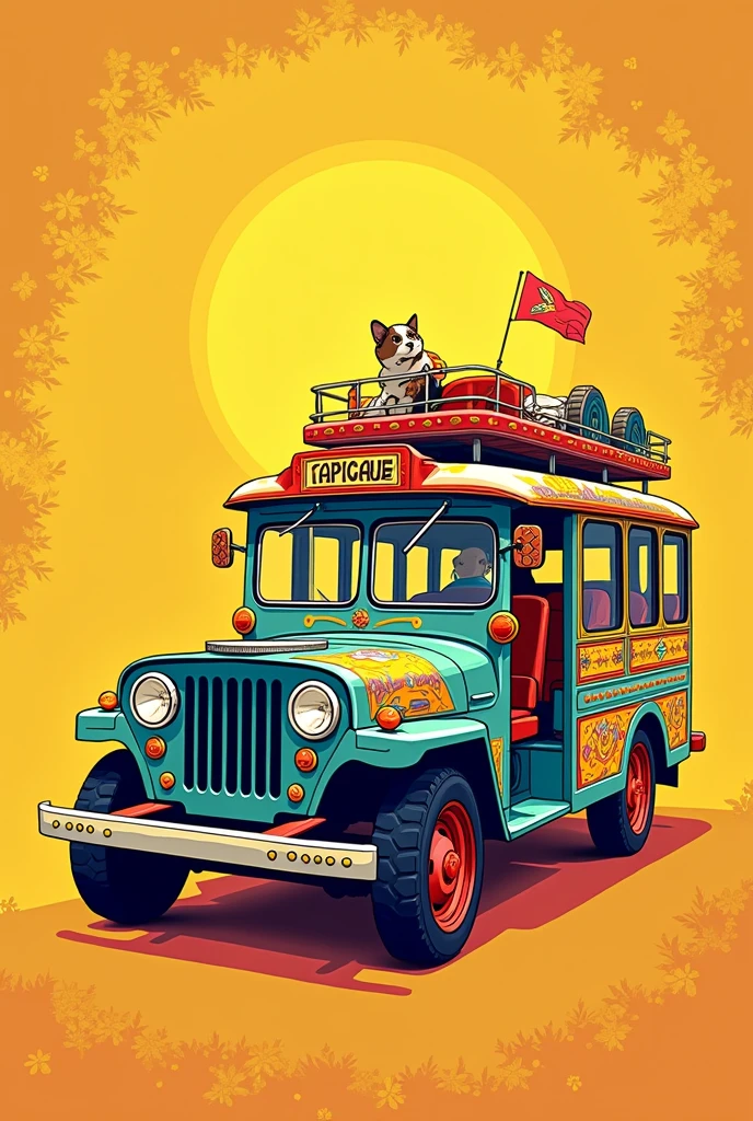 The e-poster features a stylized illustration of a Filipino jeepney, a colorful and ornately decorated bus that is a symbol of Filipino culture. The jeepney is set against a warm, sunny yellow background with subtle patterns of traditional Filipino textiles, such as the "tinikling" or "barong tagalog" designs.