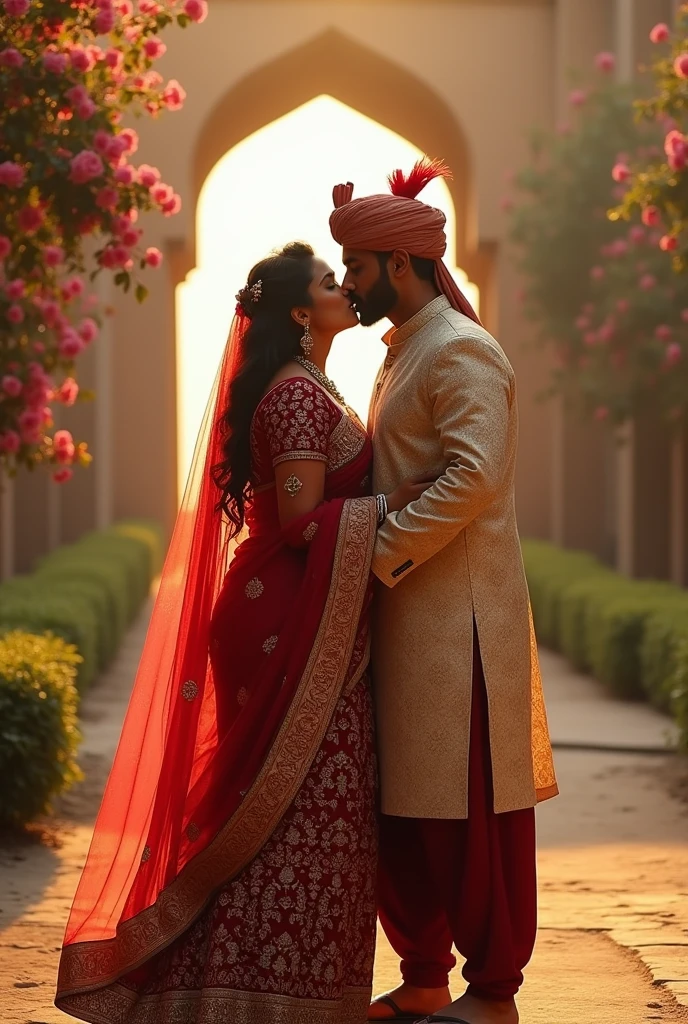 An indian woman kissing muslim male in lips wearing traditional dress
