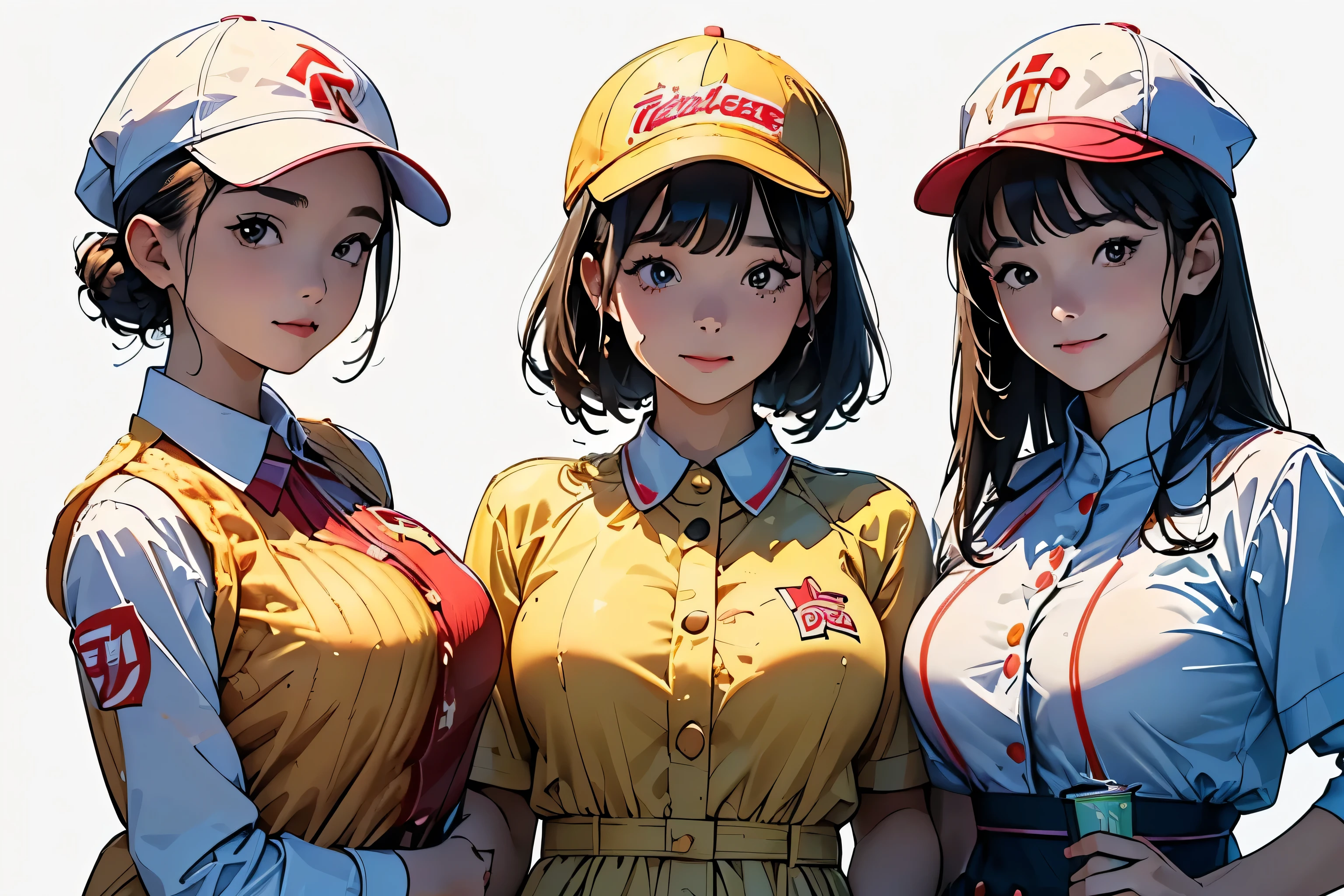 (Perfect Face,Illustration of three female arapheasants in different clothes)、(Girls waiting in line)、(Young woman in a uniform at a fast food restaurant、Wear a paper hat、hamburger_french fries_Holding a tray of drinks:1.4)、Colorful uniforms、Chic uniform、Flashy uniforms、Bust Up Illustration、White Background、(Front view:1.4)、(Highest quality)、(masterpiece)、(detailed)、