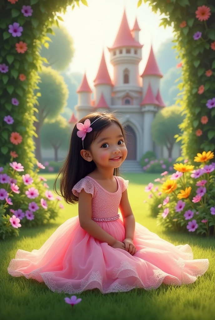 Real pinay baby girl wearing pink gown sitting in the floor with background castle and arounding flowers with name "one" write beside