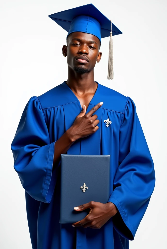 best qualityer:1.4), (ultra high resolution:1.2), (photorrealistic:1.4), (8k, CRU photo:1.2), a thin young man of 20 years old, skin black, with a smooth, beardless face, corte de cabelo buzzcurt. He is wearing a blue graduation gown.. He's wearing a blue cap. He has a navy blue diploma in his hand. It is on a white background.. has a seductive face for the camera . He has a small fleur-de-lis on his chest.