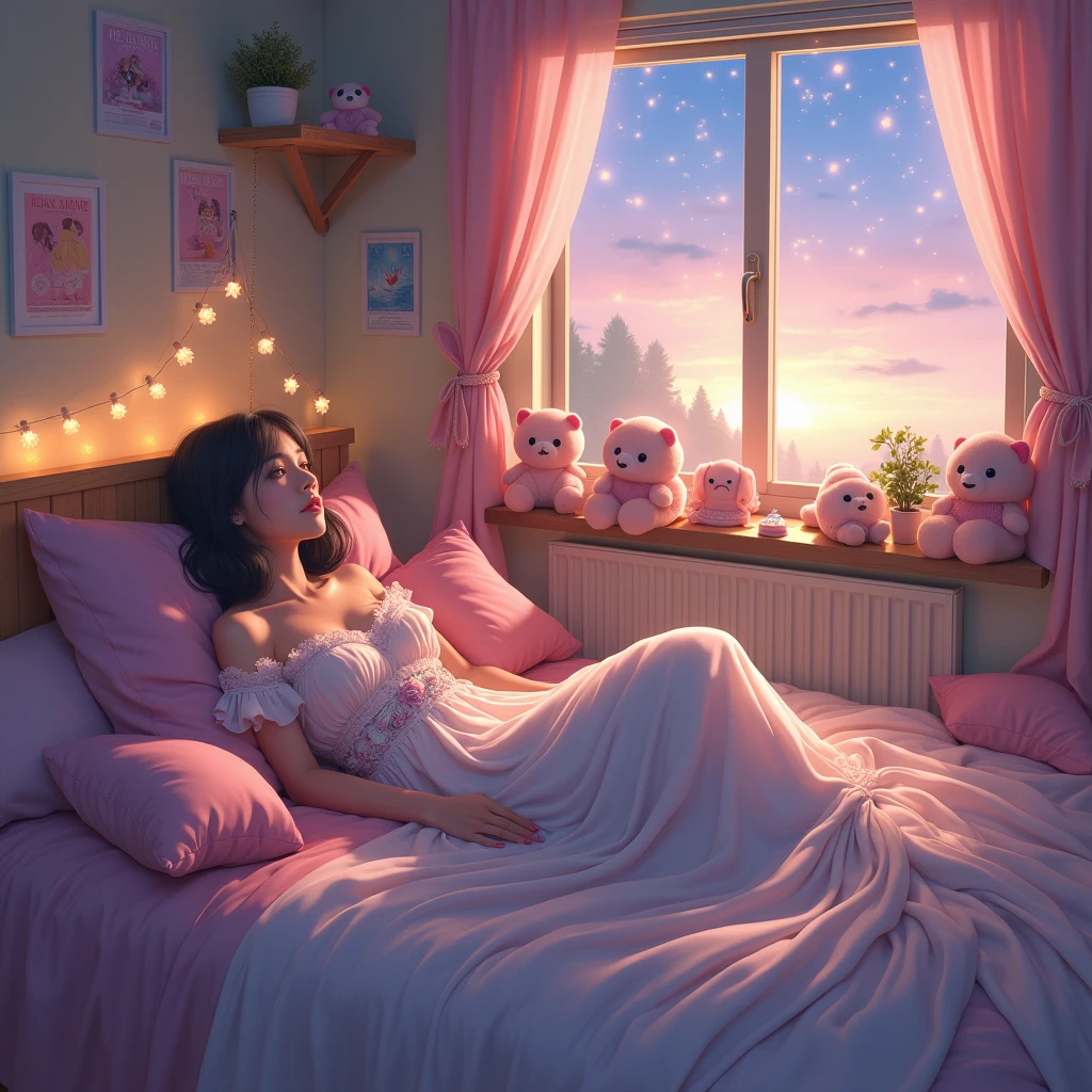 90s woman in her bed aesthetic wearing a beautiful gown in anime hd quality