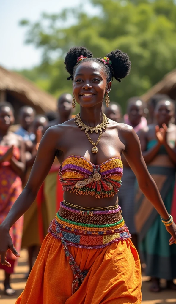 Generate a realistic and consistent image of Nma a very beautiful 28 years Nigerian princess, tieing rapper on her chest and waist decorated with beads on her hair and waist, dancing in the village square with villagers watching her and clapping for her